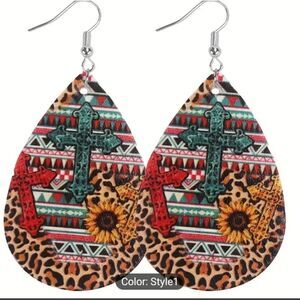 Cross earrings teardrop women's‎ faux leather new d81